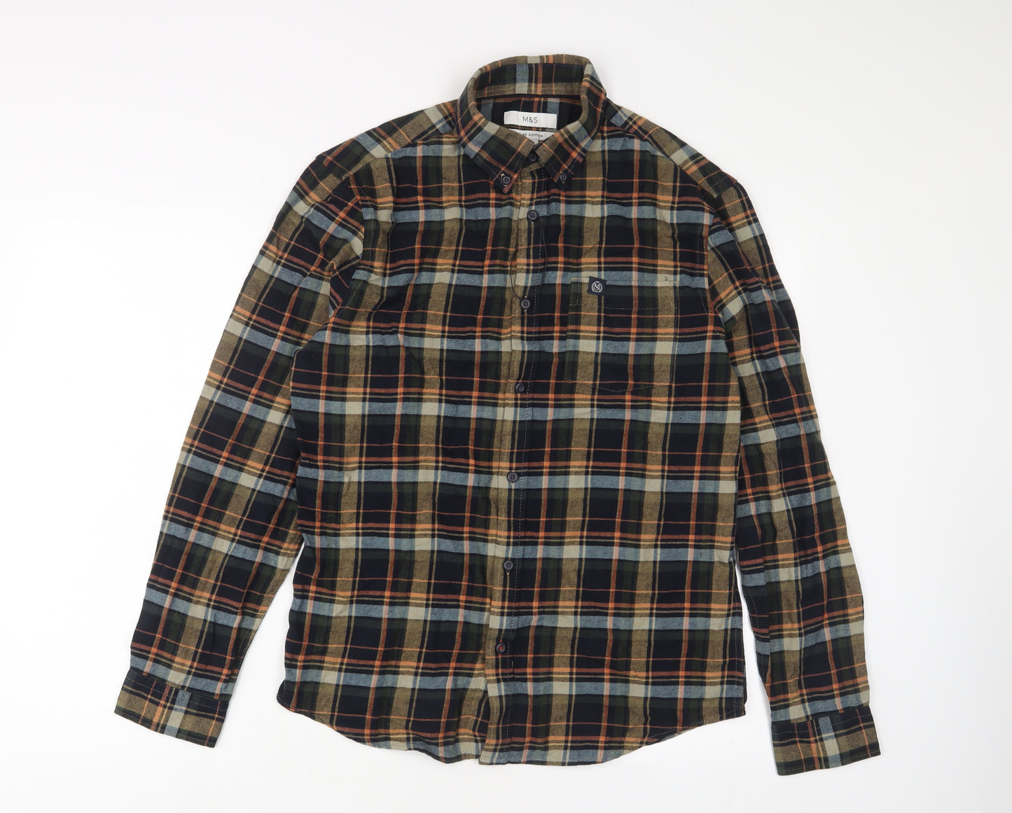 Marks and Spencer Mens Multicoloured Plaid Cotton Button-Up Size S Collared Button