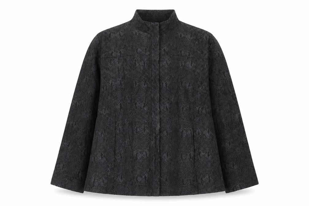 Front view of Anya women’s grey animal print jacket, size UK 22, zip - pockets