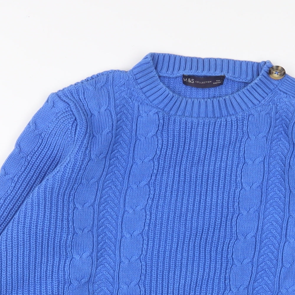 Marks and Spencer Womens Blue Crew Neck Cotton Pullover Jumper Size M - Buttons
