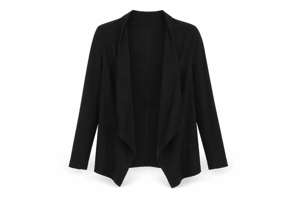 Front view of Mohito women’s black polyester kimono blouse, size UK 8, v-neck - open