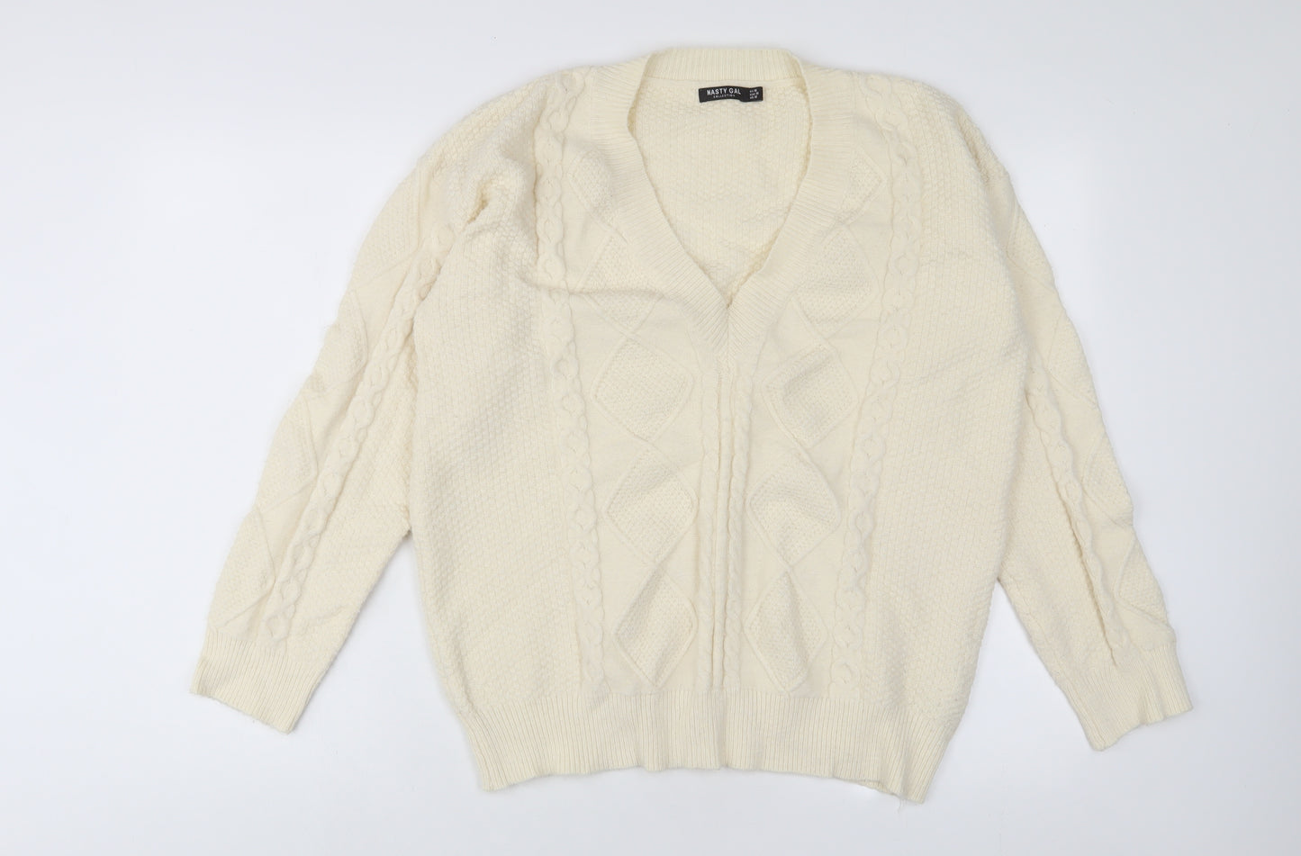 Nasty Gal Womens Ivory V-Neck Acrylic Pullover Jumper Size M
