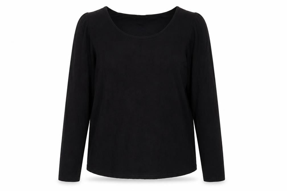 Front view of Lindex women’s black polyester basic t-shirt, size XL, crew neck - shoulder pads