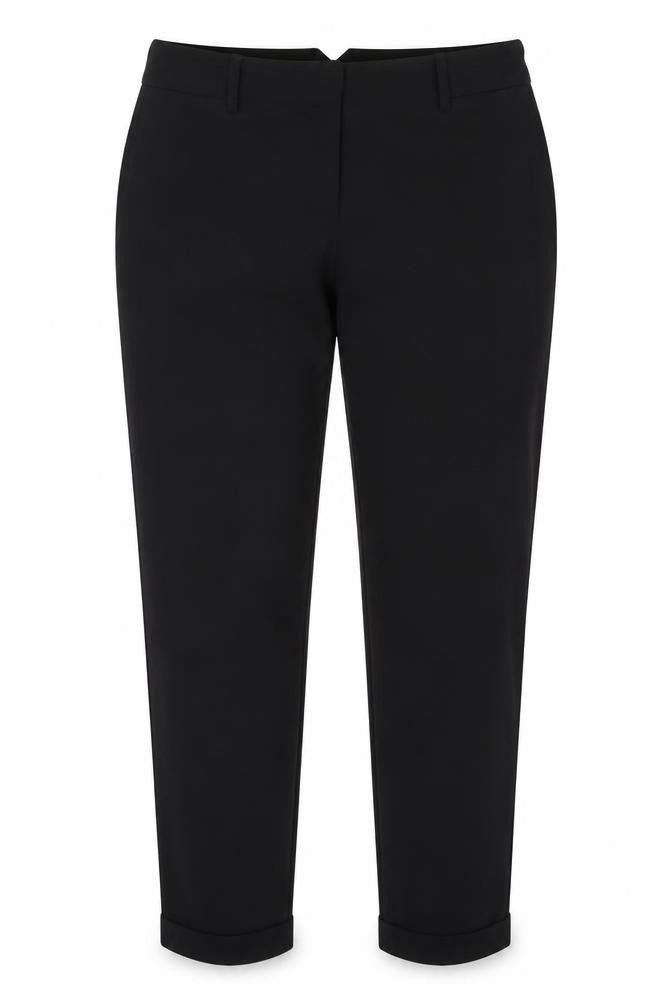 Front view of Mango women’s black polyester trousers, size UK 6, 27-inch leg regular hook & eye