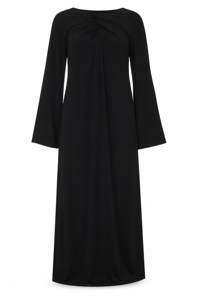 Front view of ASOS women’s black polyester a-line, size UK 12, boat neck pullover