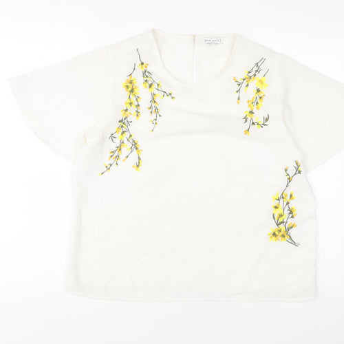 Warehouse Womens White Floral Polyester Basic T-Shirt Size 12 Crew Neck - Embroidered