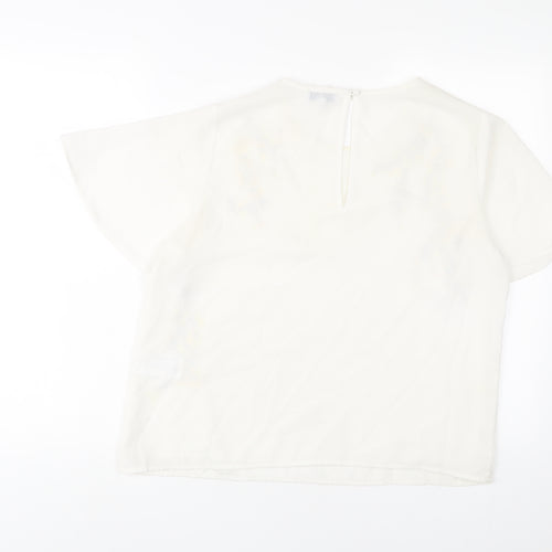 Warehouse Womens White Floral Polyester Basic T-Shirt Size 12 Crew Neck - Embroidered