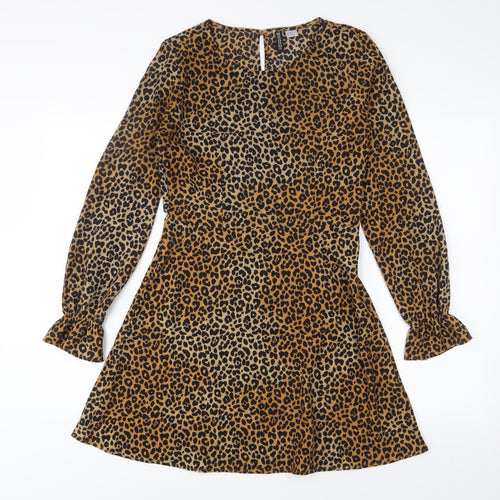 h7M Womens Brown Animal Print Polyester A-Line Size 10 Crew Neck Zip