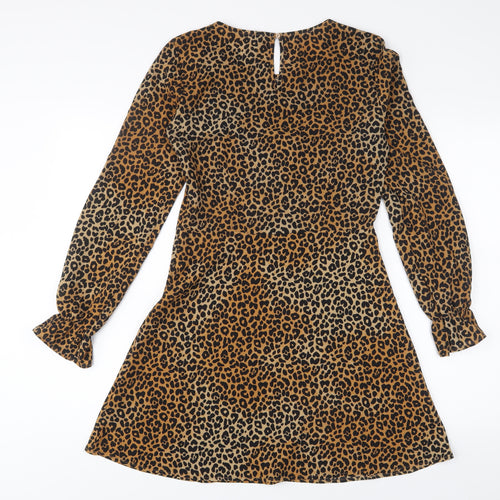 h7M Womens Brown Animal Print Polyester A-Line Size 10 Crew Neck Zip