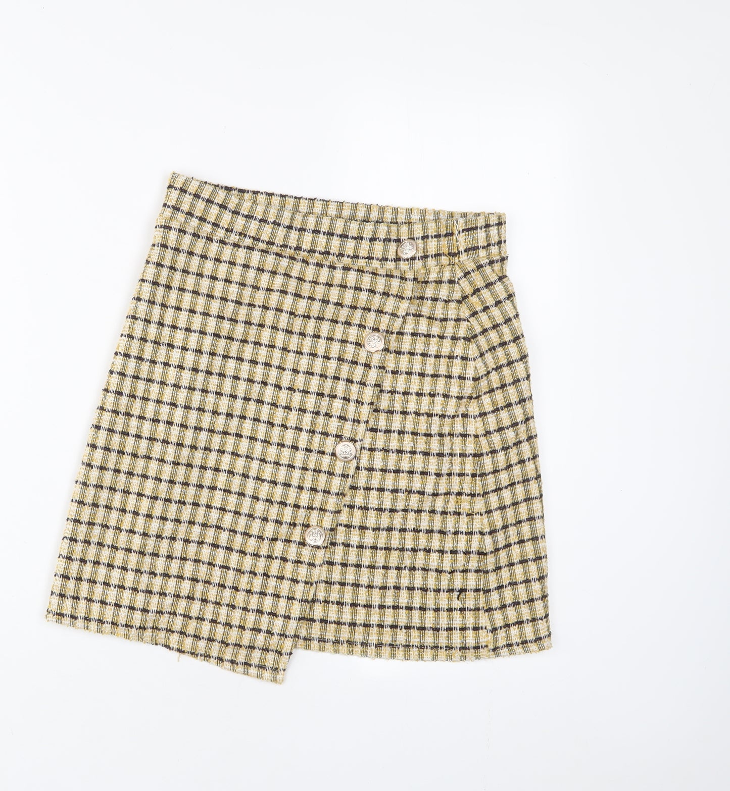 Quiz Womens Yellow Plaid Polyester A-Line Skirt Size 8 - Buttons
