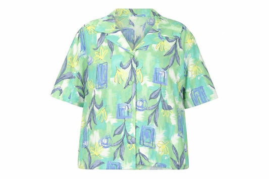 Front view of Iazarus women’s blue geometric acrylic basic button-up, size UK 18, collared