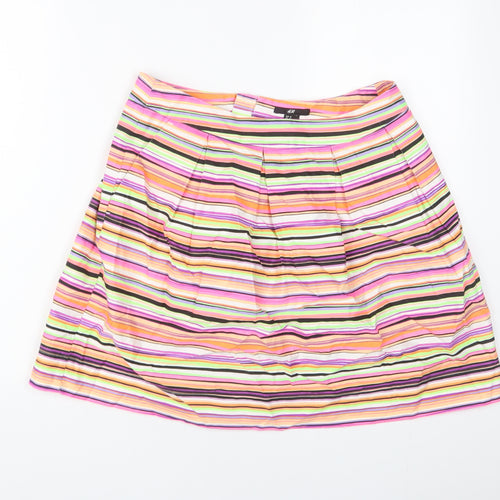 H&M Womens Multicoloured Striped Cotton A-Line Skirt Size 14 Zip - Pleated