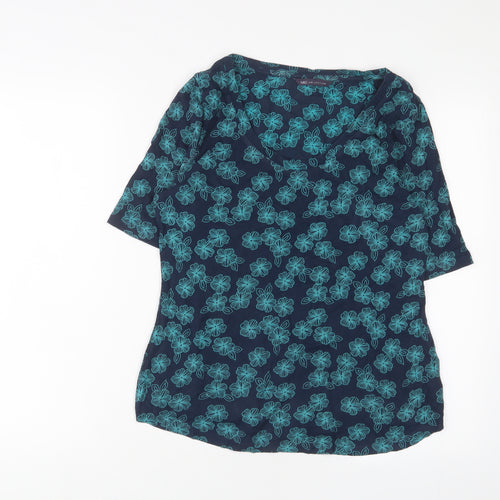 Marks and Spencer Womens Blue Floral Cotton Basic T-Shirt Size 14 Crew Neck