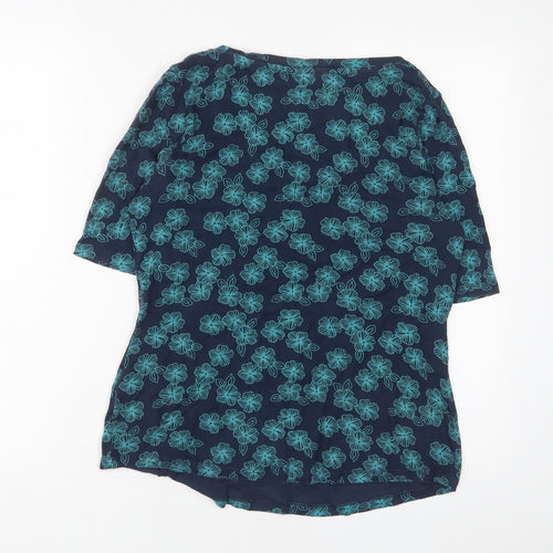 Marks and Spencer Womens Blue Floral Cotton Basic T-Shirt Size 14 Crew Neck