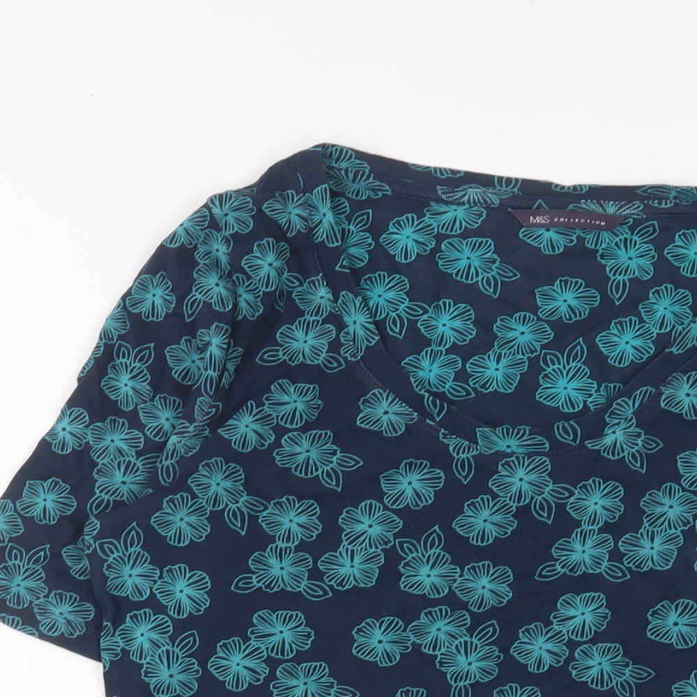 Marks and Spencer Womens Blue Floral Cotton Basic T-Shirt Size 14 Crew Neck