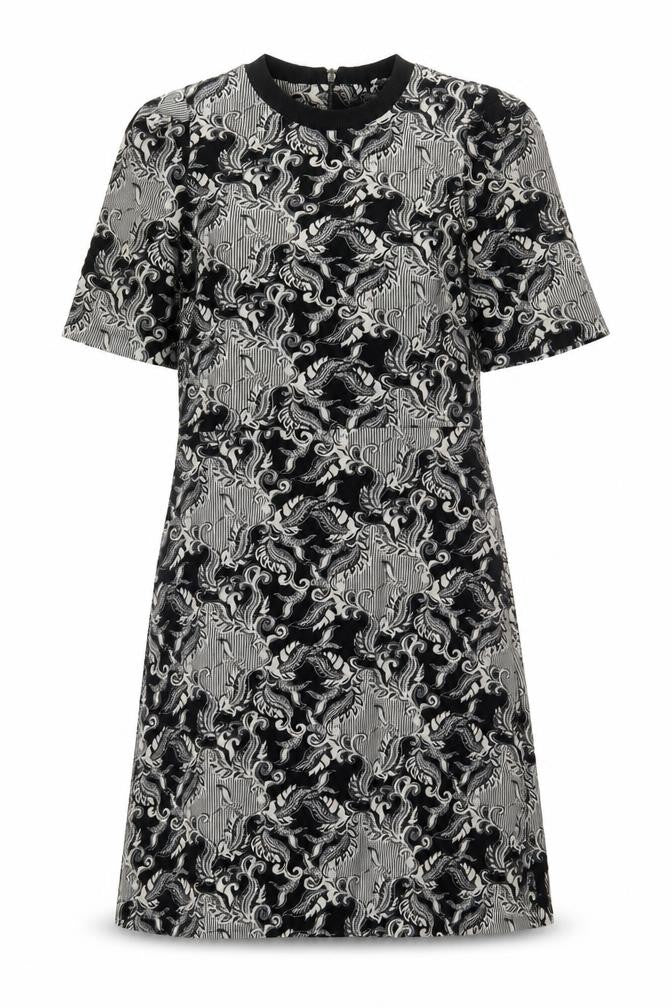 Front view of Next women’s beige geometric polyester a-line, size UK 10, round neck zip