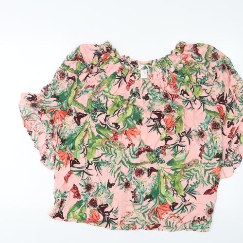 H&M Womens Pink Floral Viscose Basic T-Shirt Size 10 Boat Neck