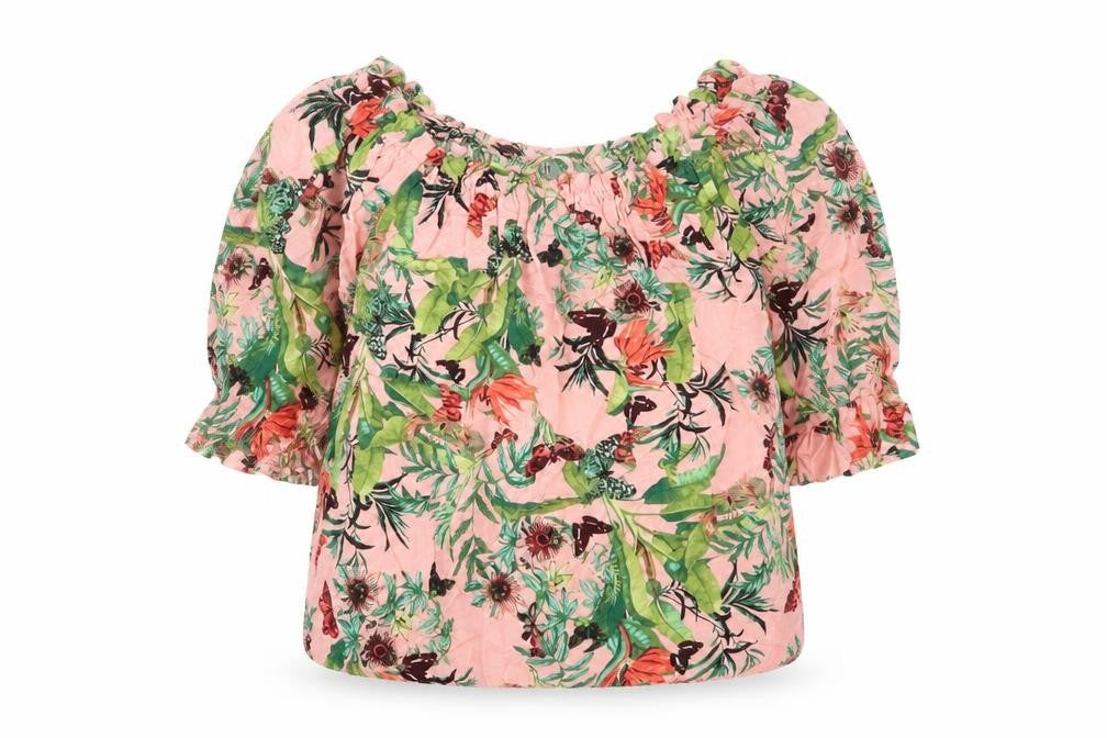 Front view of H&M women’s pink floral viscose basic t-shirt, size UK 10, boat neck