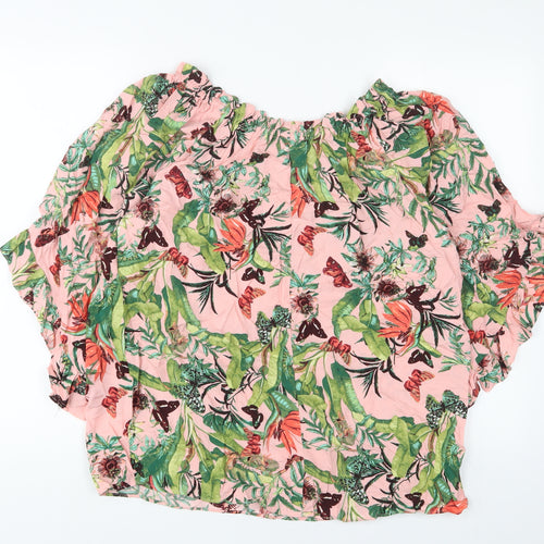 H&M Womens Pink Floral Viscose Basic T-Shirt Size 10 Boat Neck