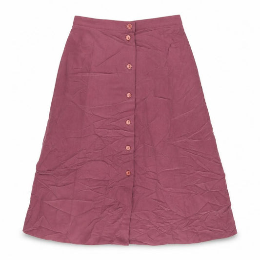 Front view of Holmewood women’s pink viscose a-line skirt, size UK 12, button