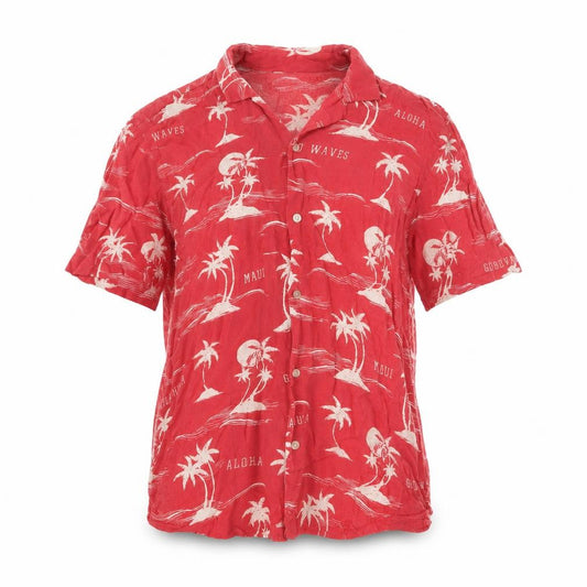 Front view of H&M women’s red geometric viscose basic button-up, size S, collared