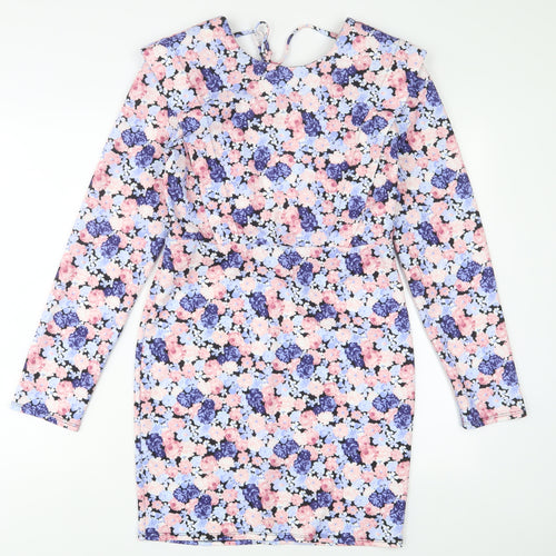 ASOS Womens Multicoloured Floral Polyester A-Line Size 10 Crew Neck Tie - Open Back
