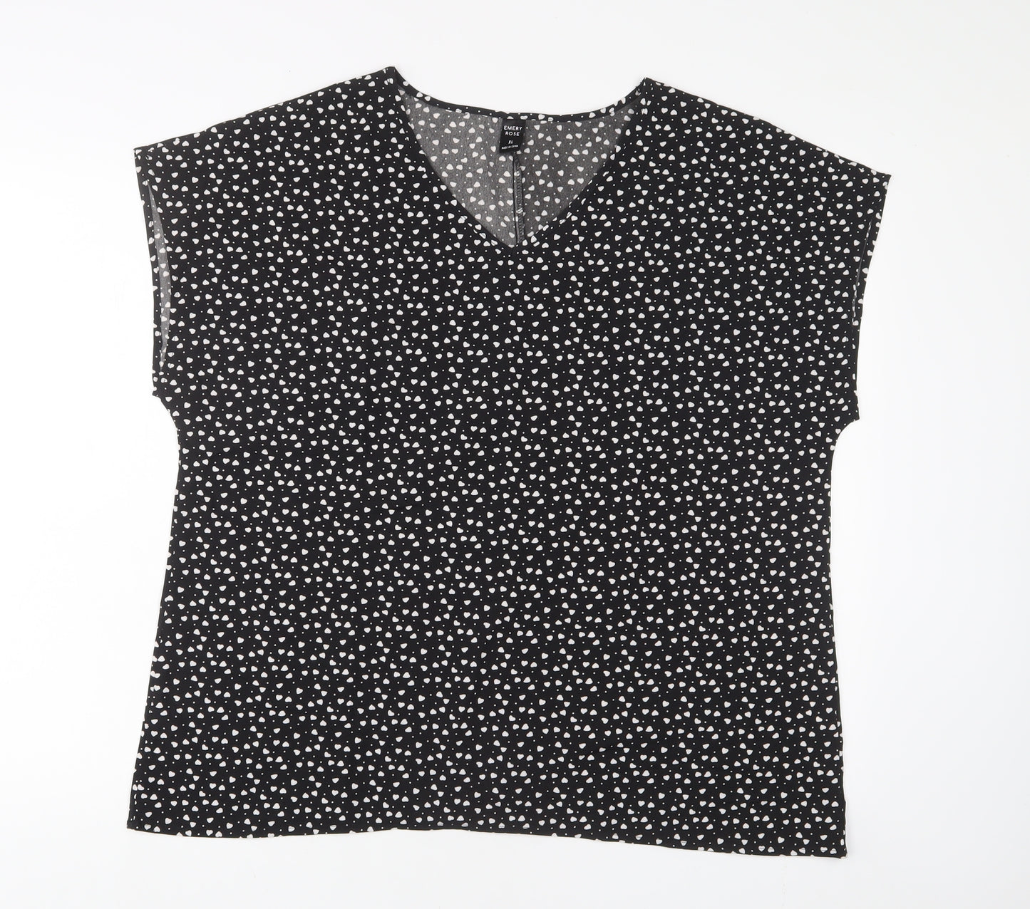 EMERY ROSE Womens Black Geometric Polyester Basic T-Shirt Size XL V-Neck - Hearts
