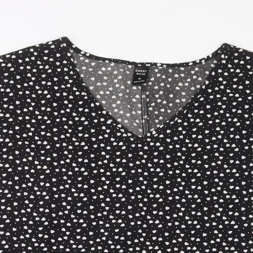 EMERY ROSE Womens Black Geometric Polyester Basic T-Shirt Size XL V-Neck - Hearts