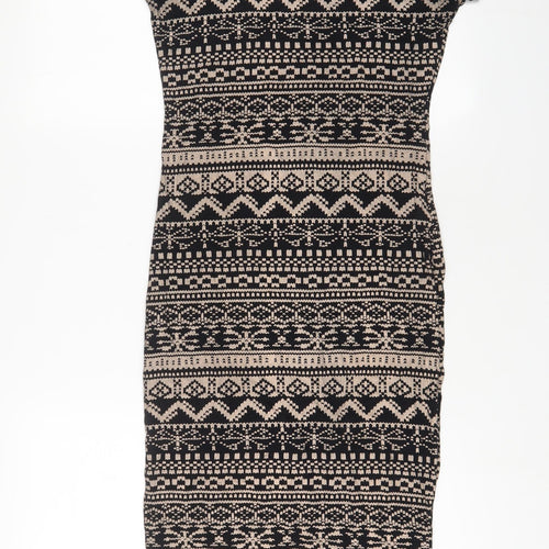 izabel London Womens Black Geometric Viscose Bodycon Size 10 Roll Neck Pullover