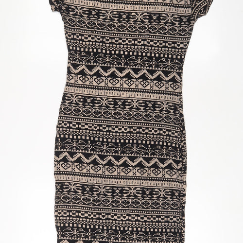 izabel London Womens Black Geometric Viscose Bodycon Size 10 Roll Neck Pullover