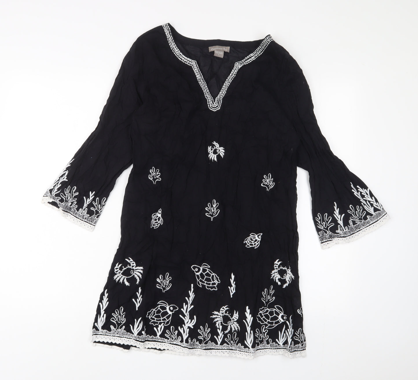 Peppermint bay Womens Black Cotton A-Line Size L V-Neck Pullover - Embroidered