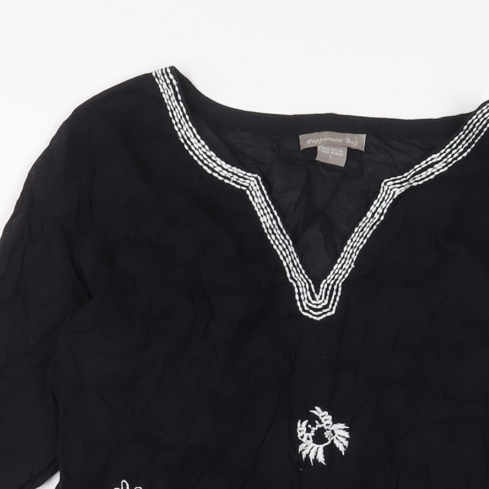 Peppermint bay Womens Black Cotton A-Line Size L V-Neck Pullover - Embroidered