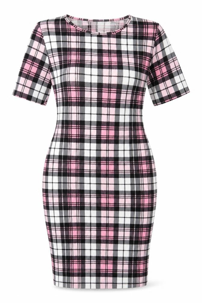 Front view of KAAYA women’s pink plaid polyester bodycon, size UK 16, crew neck pullover