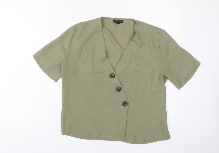 Topshop Womens Green Polyester Basic Button-Up Size 10 V-Neck