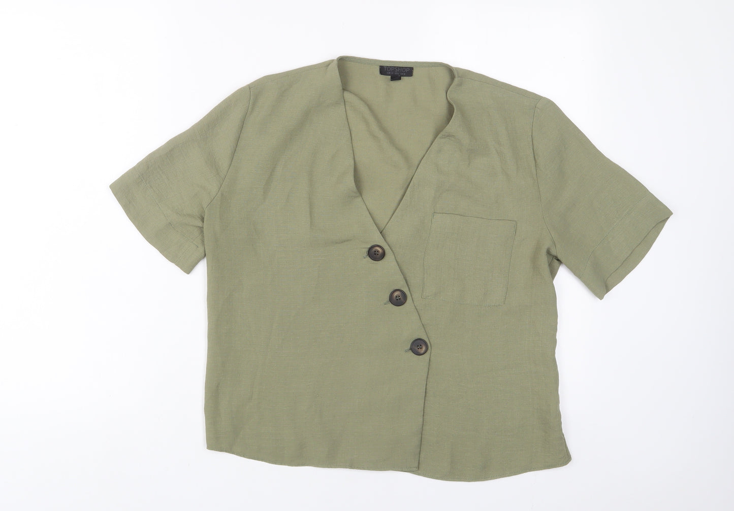 Topshop Womens Green Polyester Basic Button-Up Size 10 V-Neck