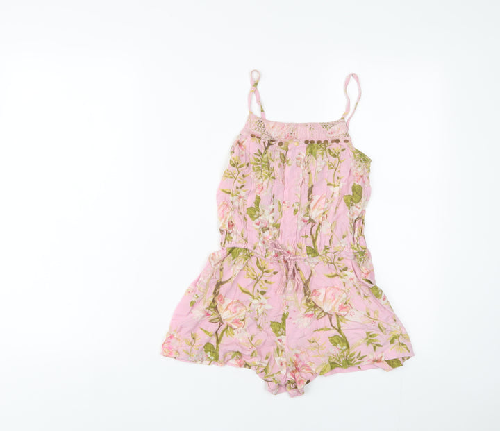 NEXT Girls Pink Floral Viscose Playsuit One-Piece Size 7 Years Pullover - Sequins