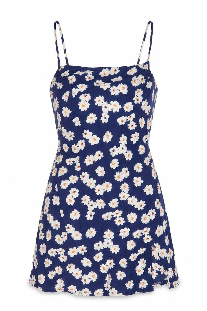 Front view of Verge Girl women’s blue floral polyester a-line, size UK 12, v-neck pullover