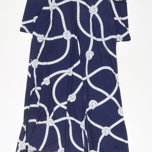 Tiletts Womens Blue Geometric Polyester A-Line Size M V-Neck Pullover