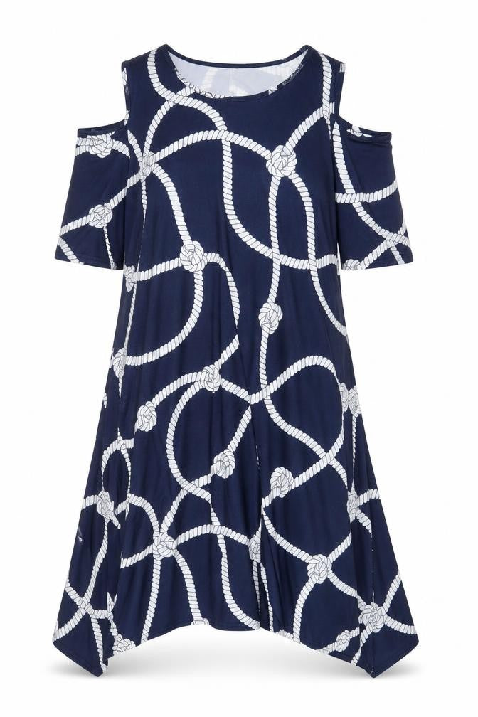 Tiletts Womens Blue Geometric Polyester A-Line Size M V-Neck Pullover