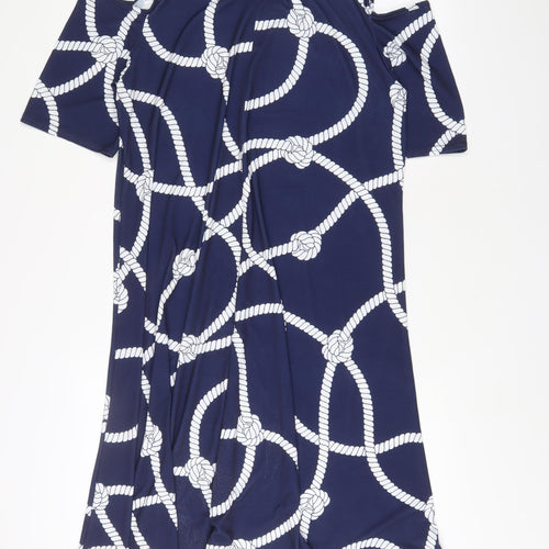 Tiletts Womens Blue Geometric Polyester A-Line Size M V-Neck Pullover