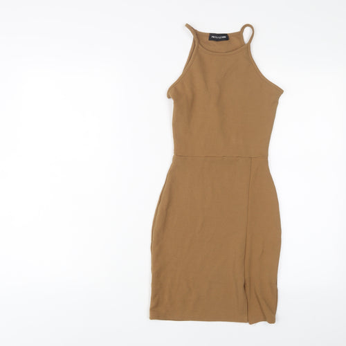PRETTYLITTLETHING Womens Brown Polyester Bodycon Size 4 Square Neck Pullover