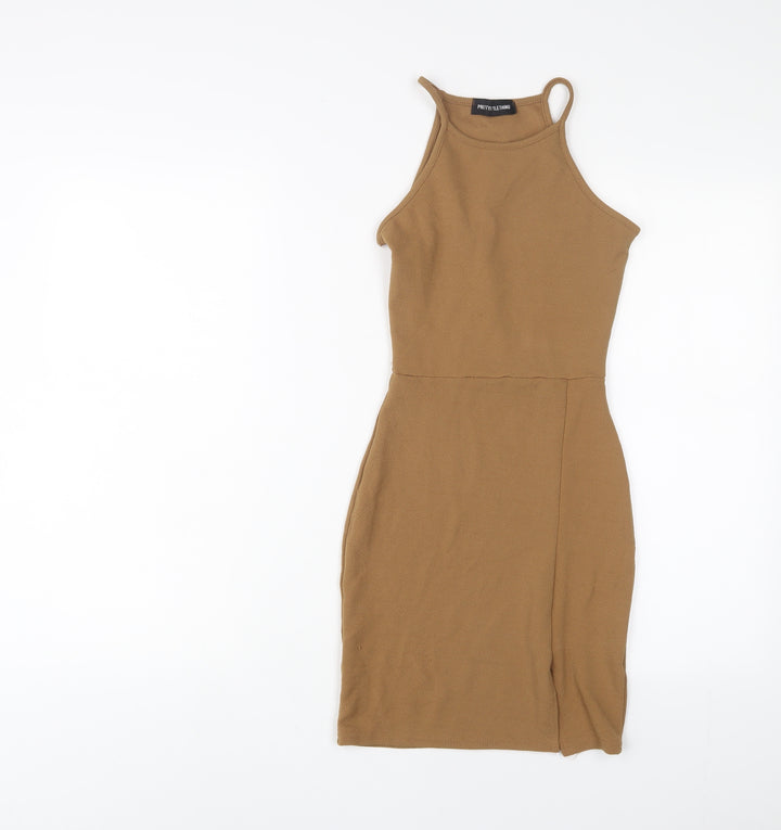 PRETTYLITTLETHING Womens Brown Polyester Bodycon Size 4 Square Neck Pullover