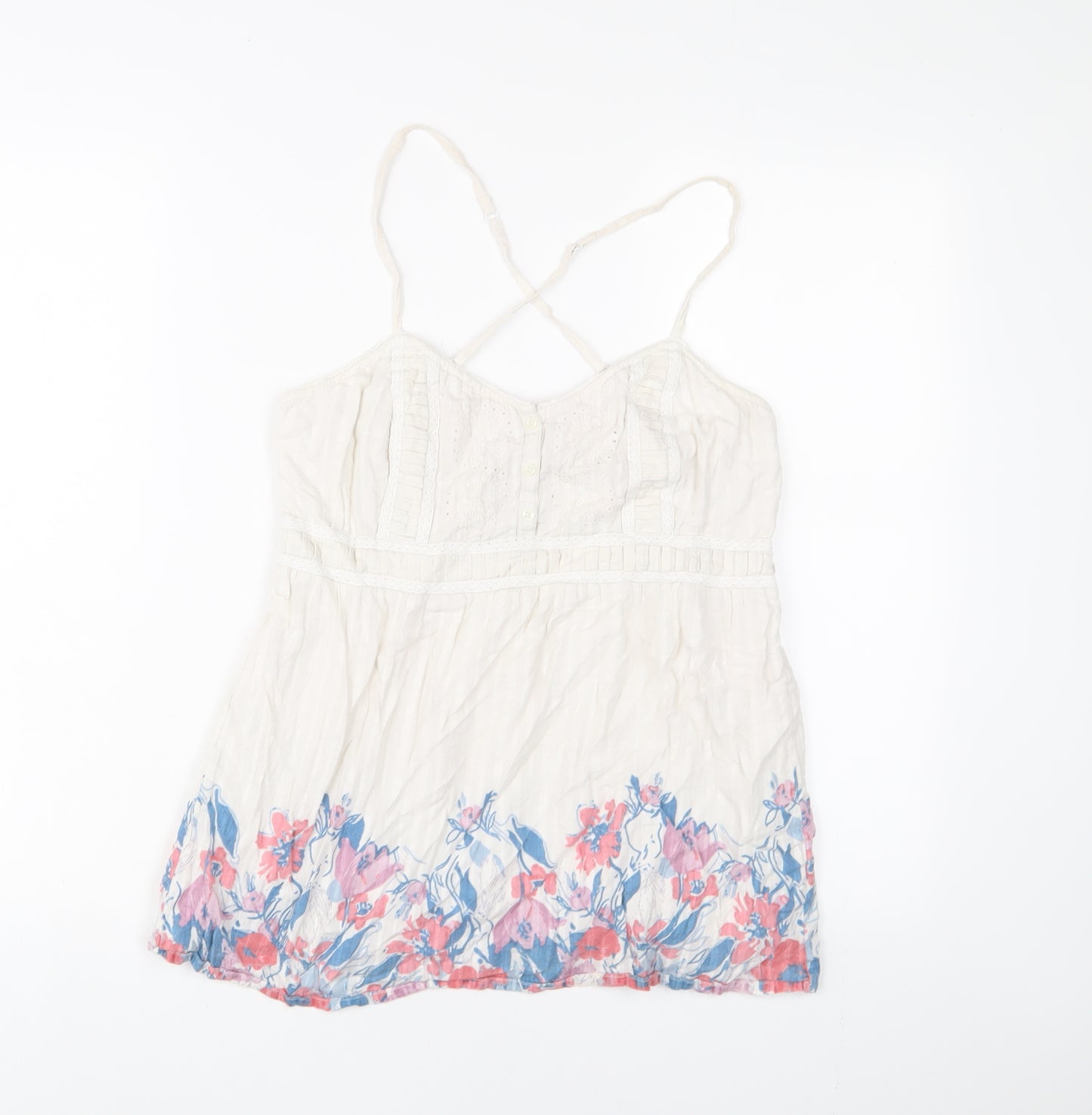 Fat Face Womens White Cotton Camisole Tank Size 12 V-Neck - Embroidered