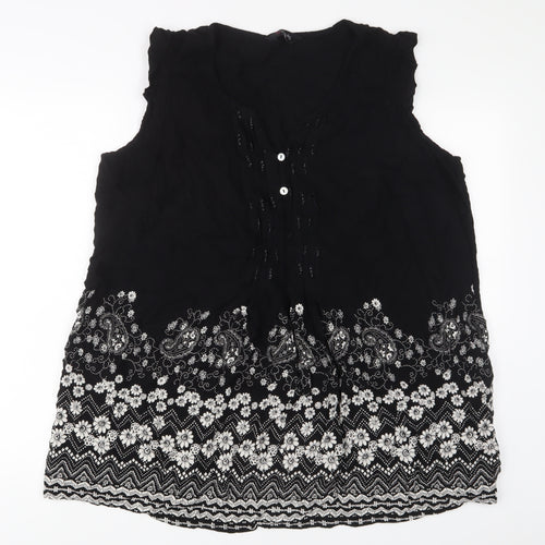 Yours Womens Black Floral Viscose Basic Tank Size 26 V-Neck - Pleated, Sequins