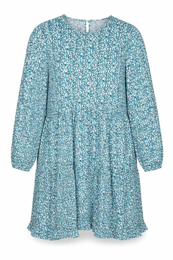 Front view of Pebble Bay women’s blue geometric polyester a-line, size UK 18, crew neck button