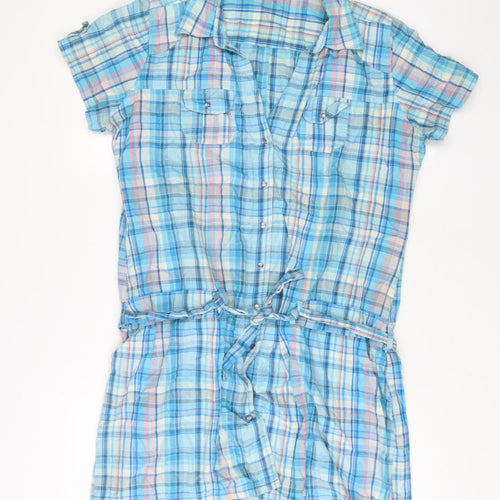 Select Womens Blue Plaid Cotton Tunic Button-Up Size 18 Collared - Belted