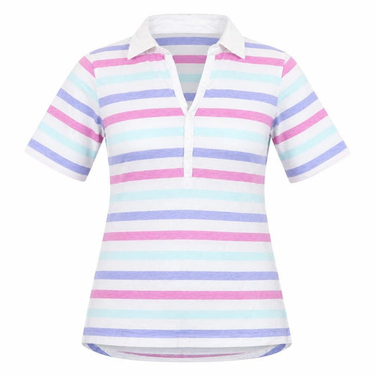 Front view of Golf.Co women’s multicoloured striped cotton basic polo, size M, collared