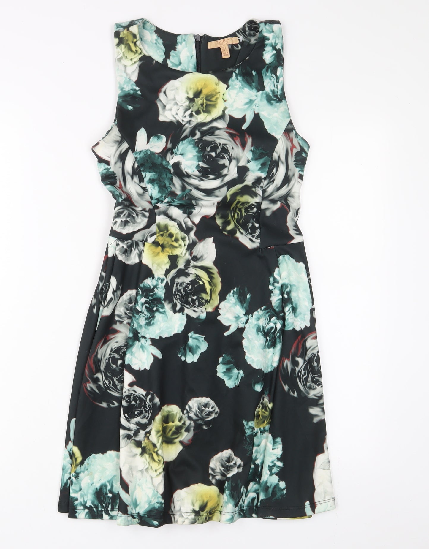 Zara Womens Multicoloured Floral Polyester Fit & Flare Size S Boat Neck Zip