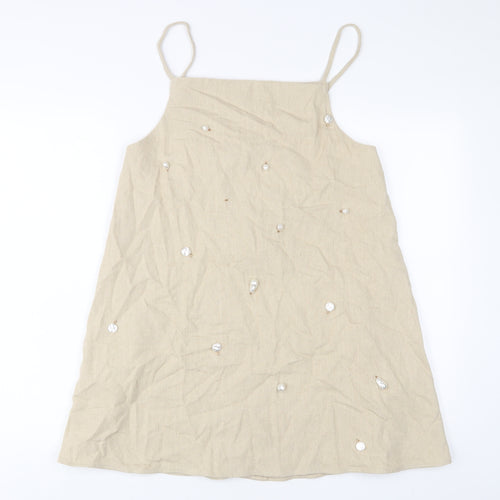 Zara Womens Beige Linen A-Line Size S Square Neck Pullover - Beaded