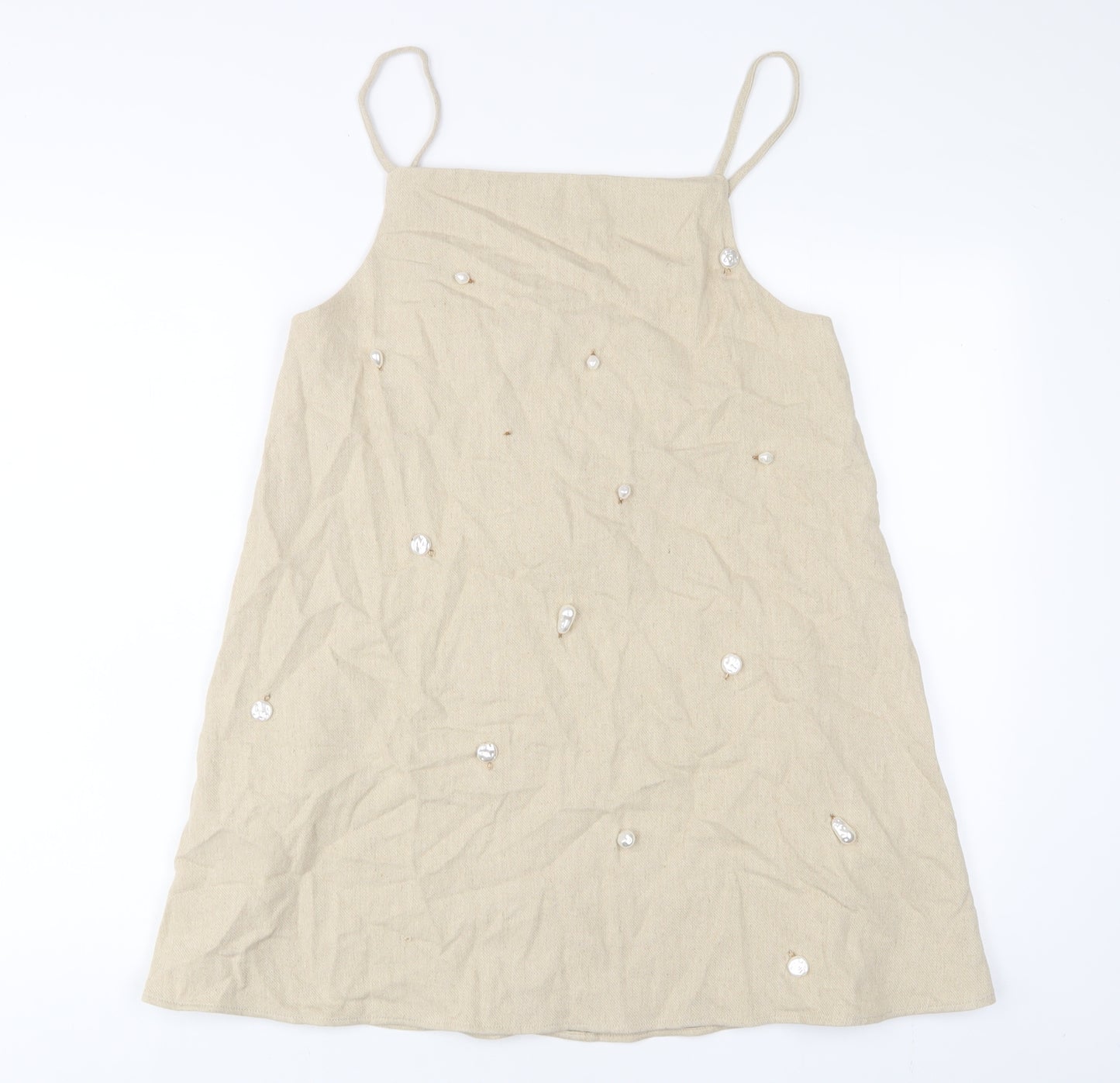 Zara Womens Beige Linen A-Line Size S Square Neck Pullover - Beaded