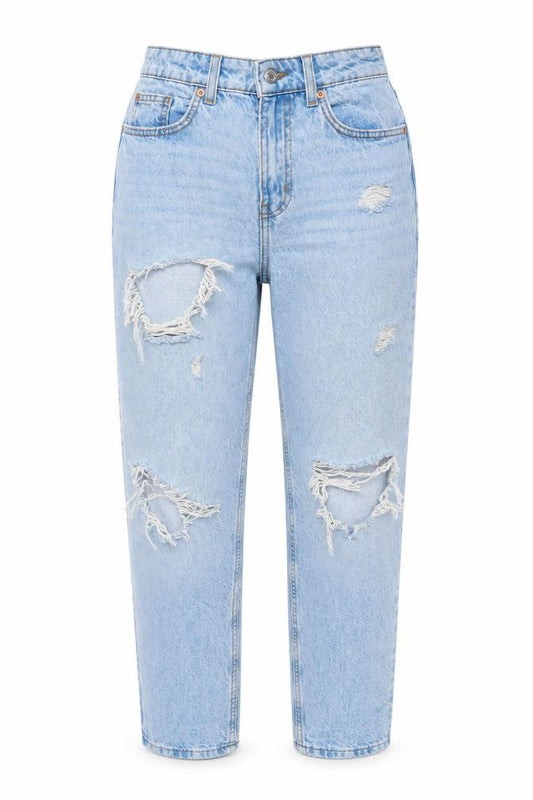 Front view of Denim & Co. women’s blue cotton mom jeans, size UK 6, 28-inch leg regular zip